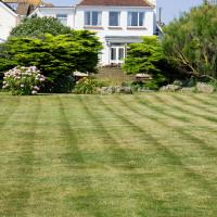 mowed lawn in front of a large white house